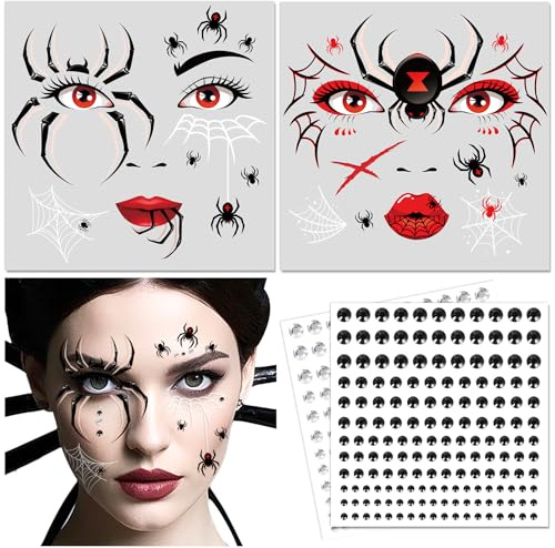 DPKOW Spinnen Tattoo Gesicht Halloween Make Up Accessoires, mit Glitzersteine Gesicht, Gesichtstattoos Halloween Spinnen Kostüm Zubehör für Kinder Damen Herren Cosplay Karneval Kostümzubehör