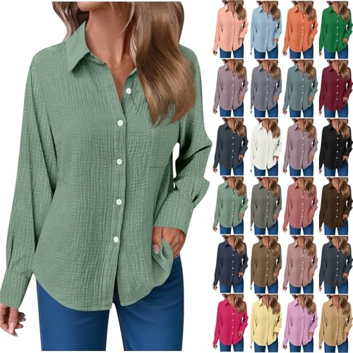 Sommerblusen Damen Leicht Und Luftig Musselin Bluse Damen Langarm – Aus Baumwollmix (60 %) mit Knopfleiste, Strukturierter Stoff, Umlegekragen – Locker & Bequem für Alltag, Büro, Outdoor Armeegrün