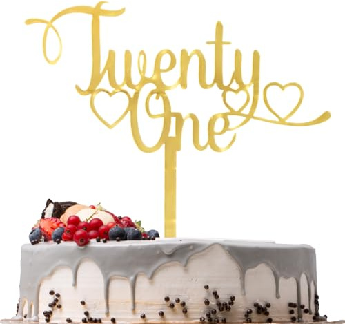21st Birthday Cake Topper, Gold Acrylic Twenty One Cake Topper, 21st Birthday Decorations for Her, Personalised Happy Birthdays Glitter Cakes Toppers, Party Decor Supplies