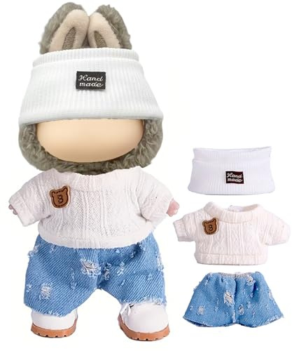 17cm Mini Plüsch Bekleidung Kleidung Outfits 3 Stück Puppen Große Puppenkleidung, Cool T-Shirt Jeans Strickmütze Puppenkleidung Kompatibel mit Cute Monster Puppe (Ohne Puppe), Blau
