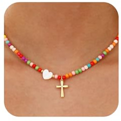 Aretas Bunte Perlenkette kreuz kette für Damen Frauen Mädchen Handgefertigt Boho Perlen Buchstaben kreuzKette Teenager Mädchen Damen Schmuck Geschenke 15+2zoll