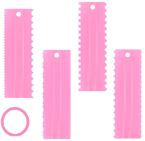 4 Set Cake Scraper Set,Pink Decorating Comb and Cake Scraper Buttercream Smoother, Plastic Sawtooth Scraper Cake Smoother for Frosting Buttercream Mousse DIY Tools (Pink)