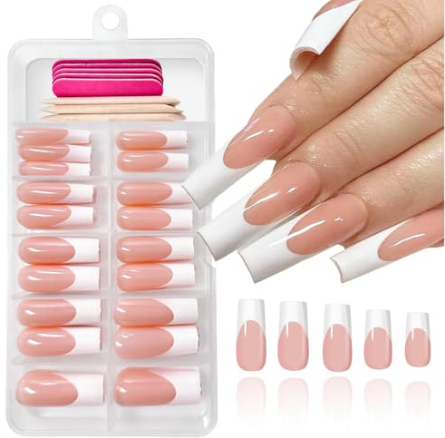 Auroriel 120 Stück French Tips Press On Nägel Long Square Fake Nails mit Weißer Spitze Vollabdeckung Acryl Künstliche Nägel mit Klebestreifen für Damen Maniküre 12 Größen