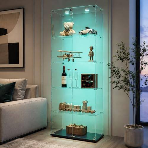 Glasvitrine Standvitrine,Glasvitrine Stehend mit Led,5 Lagen Glas Holz Glas Vitrine Vitrinenschrank 2 TüR und Schloss Vitrine Glasschrank Display Cabinet Sammlervitrine (Schwarz, 5 Etagen 2 Tür+LED-1)