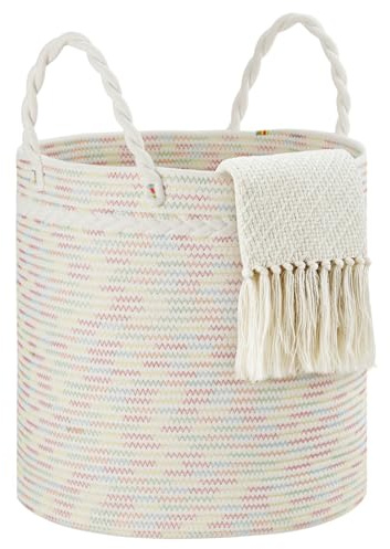 COSYLAND Panier à Linge Rond 64L en Corde de Coton, Corbeille à Linge et Panier de Rangement avec Poignées, pour Linge Sale, Jouets et Couvertures, Chambre et Buanderie, 40 x 25,5 cm, Couleurs Candy