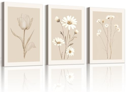 WENGTIAO 3 Piezas Beige y Blanco Flores Cuadros Decorativos Enmarcado | Minimalista Florale Lienzos Laminas, Cuadros Decoracion Salon Modernos Dormitorios Decoración Pared 30x40cmx3
