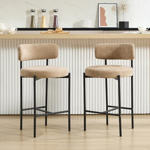 Relbiety Barhocker 2er Set Khaki Chenille Stoff mit Rückenlehne und Metallbeinen, Industriestil Hohe Thekenstühle Modern Küchenstühle für Bar Theke Küche