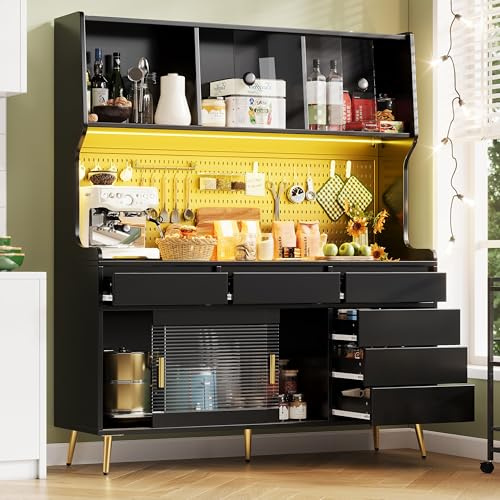 Lahoomu Hochschrank mit LED Beleuchtung & App-Steuerung, Küchenschrank oder Esszimmerschrank mit Schublade,Sideboard mit Aufbewahrungsregal mit Lochwand, 145x39x171cm, Schwarz