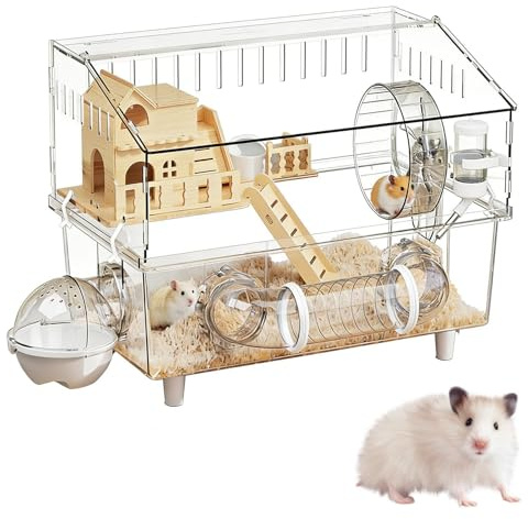 Großer Hamsterkäfig, 2 Etagen, transparent, für Hamster, großer Käfig, ideal für kleine Tiere, für drinnen und draußen