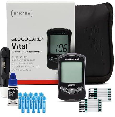 ARKRAY GLUCOCARD Vital Blood Glucose Meter Kit – Complete Glucose Monitoring System with Meter, 10 Test Strips, 10 Lancets, Control Solution, Lancing Device & Carrying Case