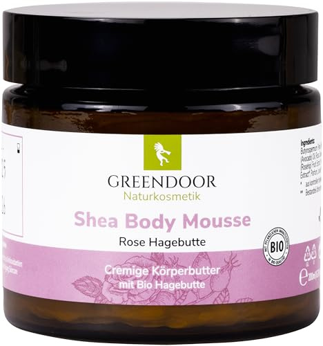 GREENDOOR vegane Körperbutter Bodymousse Rose Hagebutte 200ml im Glastiegel, Body-Butter mit BIO Sheabutter & Hagebutte, rein natürliche Natur Haut-Pflege Creme, Naturkosmetik Geschenke