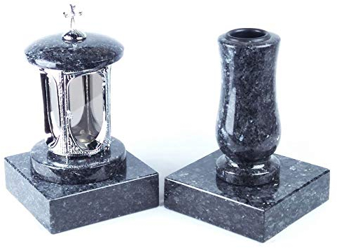 designgrab Tombe Lampe Chromé en Aluminium avec Croix en Aluminium et Vase funéraire en Taille de Medium et 2 pièces Socle rectangulaire en Granite Labrador Blue Pearl BP/Labrador Acier