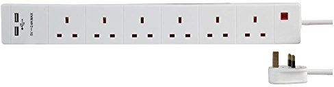 pro elec PEL00121 6 Way 2 USB Extension Lead, 2m, White 2 x usb | Power 6 devices and charge 2 USB gadgets simultaneously with this space-saving 2m extension lead.