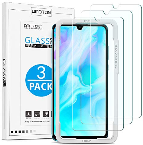 OMOTON [3 Stück Schutzfolie kompatible mit Huawei P30 Lite, 9H Härte, Anti-Kratzen, Mit Positionierhilfe, Anti-Öl, Anti-Bläschen,Kristall-klar [2.5D Runde Kante]
