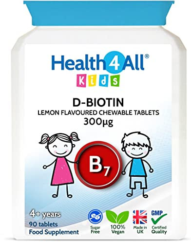 Health4All Kids D-Biotin 90 Chewable Tablets 3 Months Supply, Hair Growth and Strong Nails Supplement for Children 4+, Natural Vegan Orange Flavour, Sugar Free | Made in UK (not Gummies)
