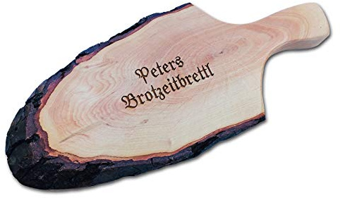 Rindenbrett mit Griff und Gravur | Graviertes Vesperbrett bzw. Brotzeitbrett | Länge 30-35 cm