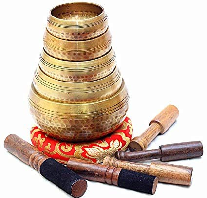 Juego de 5 cuencos de metal para curación de chakras martillados tibetanos antiguos del Himalaya, 7 cuencos de metal para meditación y oración de curación, yoga con mazo y cojín chakras