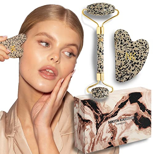 KARIZMA Jade Roller and Gua Sha Massage Tool Set. Dalmatian Jasper Jade Stone Face Roller and Gua Sha Set with Real Crystals! Gift Boxed Facial Roller, Eye Roller and Skin Scraper Guasha Tool For Face