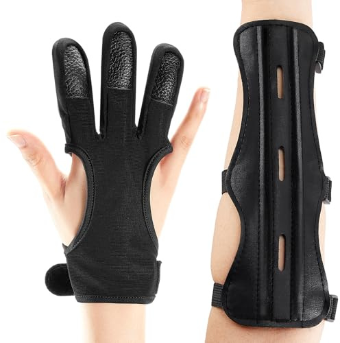 2 Pcs Archery Arm Guard Archery Glove Youth Kit Adjustable 3 Strap Archery Wrist Guard Leather PU Archery Bracer Three Finger Archery Finger Tab Bow Finger Guard for Adult Hunting Shooting Accessories