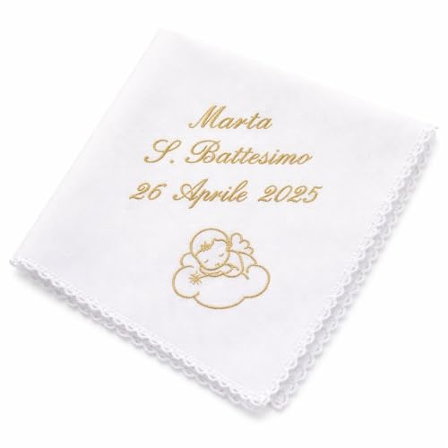 Coccole - Fazzoletto Battesimo Personalizzato 35x35 cm con Nome e Data - Fazzoletto Battesimo per Cerimonia in Tessuto Piquet - Regalo Battesimo Ideale Made in Italy