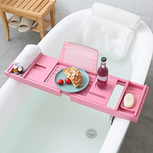ACiyD Rosa Luxus-Badewannen-Ablagehalter mit Badewannenkissen, verstellbares Bambus-Badewannenablage-Regal, für Geburtstag, Valentinstag, Hochzeit (Farbe: Blau) (Weiß, Rosa)