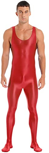 CHICTRY Mens Oil Shiny One Piece Long Sleeves Full Body Jumpsuit Sport Spandex Leotard Bodysuit 2# Red M