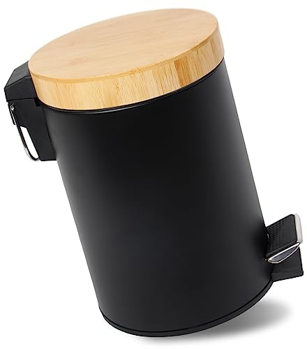 GREELUE 3L Mülleimer Bad mit Bambusdeckel, Kosmetikeimer mit Absenkautomatik (Soft Close), Badezimmer eimer, Abfalleimer Bad (Schwarz 3L)