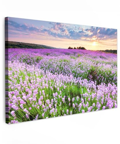 MuchoWow© Bilder Wohnzimmer Deko Modern Wandbild Foto auf Leinwand Bild | 90x60 cm - Schlafzimmer Room Decor Geschenke Blumen - Lavendel - Lila - Himmel - Sonnenuntergang - Wiese - Natur