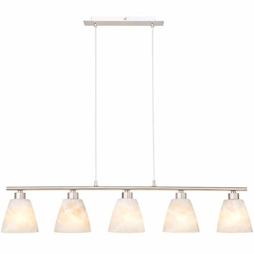 Esstischlampe Hängelampe Esstisch Hängeleuchte silber höhenverstellbar, 5 flammig, Metall nickel Glas weiß, 5x E14 Fassungen, HxLxB 120x93x13cm