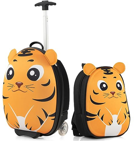 COSTWAY 2 TLG Kinderkoffer mit Rucksack, 12”+16” Kindertrolley Reisegepäck mit Rollen & 3 stufigem Teleskopgriff, Handgepäck Hartschalenkoffer für Mädchen & Jungen (Tiger)
