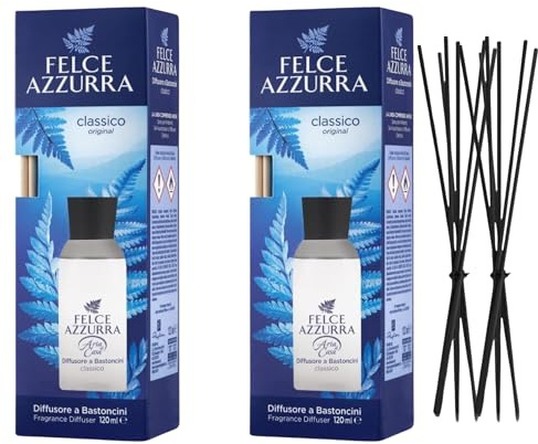 Felce Azzurra Diffusore Ambiente a Bastoncini, Fragranza Classico Original, Formato 120 ml (2 Unità) + Ricambio 10 Bastoncini Per Diffusori Neri