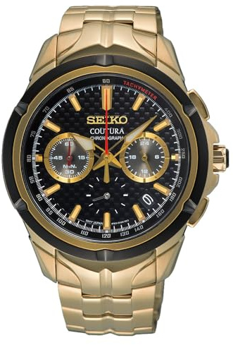 SEIKO SSB440 Coutura kronograf kvartsur för män – svart urtavla rostfritt stål med ljus guldband 100 meter vattentålig