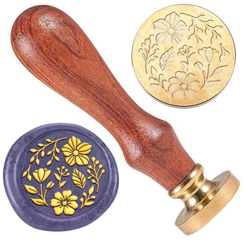 DELORIGIN Blumenwachs Siegelstempel Geprägter Stempel Versiegelung Vintage Elegant Wachs Siegel Abnehmbar 25mm Messingsiegel Wachssiegelstempel Holzgriff Für Hochzeitseinladungen Umschläge Geschenke