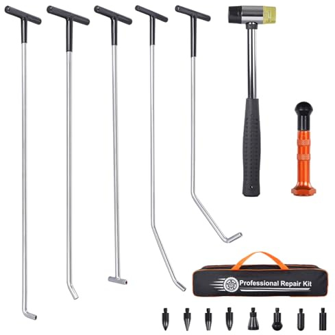 HUGEBO Dent Repair Rods 16PCS Dent Removal Kit, Features Stainless Steel Dent Removal Rods, A Rubber Hammer, and 9 Replaceable Taper Heads,Ideal for Car Dent Repair