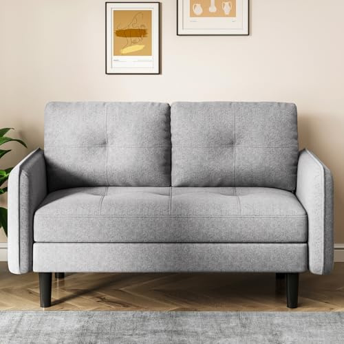 Hello-5ive Modern 2 Seater Sofa, 148cm Fabric Small Sofa Couch with Spring Cushion and Storage Pocket, Comfy Upholstered Loveseat for Living Room, Bedroom, Apartment, Grey