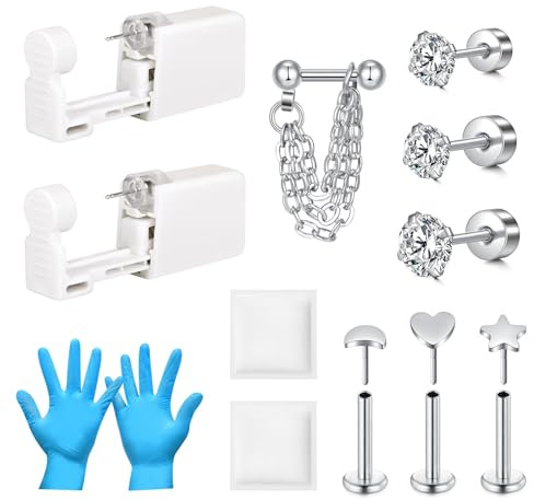 AVYRING 16 g öronpiercing kit, rostfritt stål tragus conch helix broskpiercing kit inbyggda öronnitar, engångs automatisk och smärtfri piercingpistol, hemma självöronpiercingkit verktyg, Rostfritt