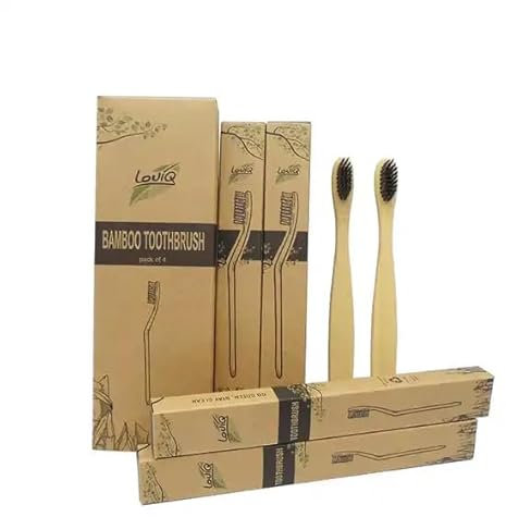 LouiQ Bamboo Toothbrushes- Wooden Toothbrushes Biodegradable Eco Friendly Vegan Natural Organic Bamboo Charcoal Tooth Brush Premium.
