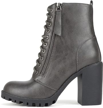 Soda Malia Round Toe Stacked Lug Heel Lace Up Ankle Booties (Dk Grey Pu, us_footwear_size_system, adult, women, numeric, medium, numeric_8_point_5)
