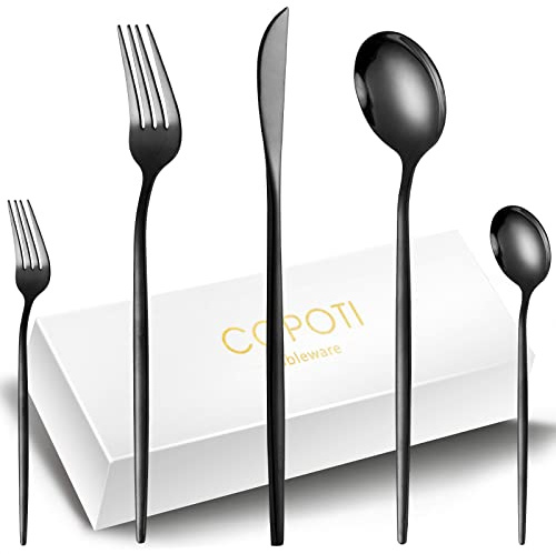 COPOTIO Couverts de table noir 12 personnes, Set de couvert acier inox 60 pièces, avec cuillère couteau fourchette, Poignée fine