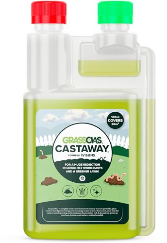 Grasscias Castaway - Non Pesticidal Worm Casting Treatment For Lawns | Contains Sulphur That Causes Worms To Go Deeper Into Soil | Reducing Castings & Boosting Lawn Health in Autumn & Winter (1 litre)