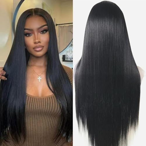 Creamily 13x3 Schwarze Glatte Spitzenperücke für Schwarze Damen, Lange Glatte Kunsthaar-Spitzenfront Perücke, Lange Lace Front Perücke Voll für Damen für täglichen Partygebrauch, 30 Zoll