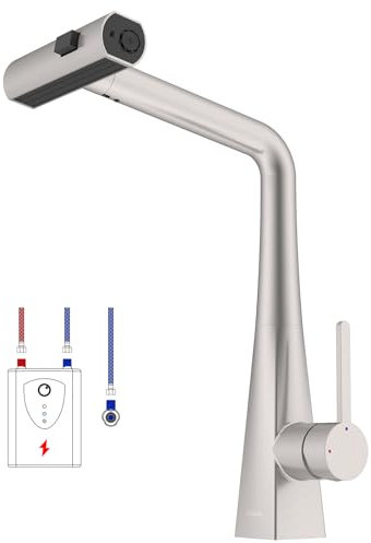 kelleria Rubinetto da cucina a bassa pressione, estraibile, rubinetto da cucina nero con doccetta a 3 getti, girevole a 360°, a bassa pressione con 3 attacchi per caldaia, rubinetto per lavello in