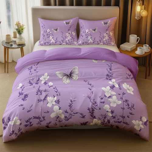 Fundas Nórdicas Flores Lilas, Mariposas Microfibra para Cama Hojas Funda Edredon 135 x 200 cmPúrpura y 2 x Fundas de Almohada de