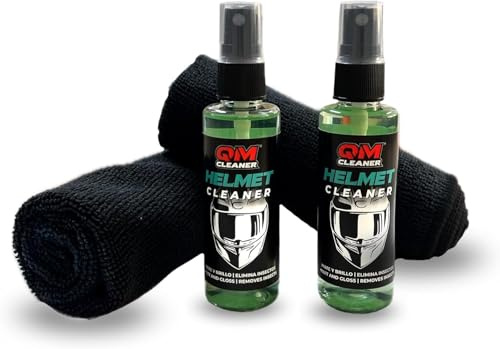 QM Cleaner Kit Pulitore per Caschi da Moto | Helmet Cleaner Duo Rimuove Insetti e Sporco de visiera e casco lucido e opaco Ideale per i Viaggi - Formato da Viaggio Include 2 Flaconi da 60ml e 2 Panni