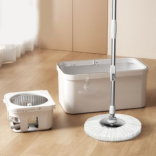 Cubo de Trapeador de Microfibra de 360 ​​Grados, de Acero Inoxidable Extensible MOP con Arrendador, Sistemas de Limpieza de Piso Seco Fácil para Madera Dura, Azulejos