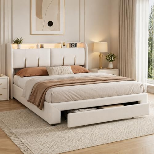 JiaOyu Bett 160x200 mit Hydraulischem Stauraum und Schubladen, Polsterbett Doppelbett mit USB Ladefunktion und LED Beleuchtung, Jugendbett mit Lattenrost in Beige, ohne Matratze