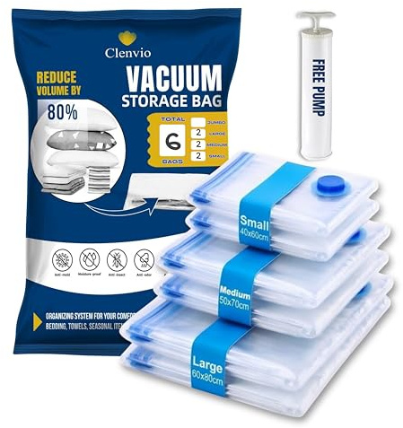 Clenvio Vacuum Compression Storage Bags with Free Hand Pump, 6 Pack Mixed Sizes, Transparent, Airtight Seal, Space Saver Bags for Clothes and Bedding, 7 Layers Premium