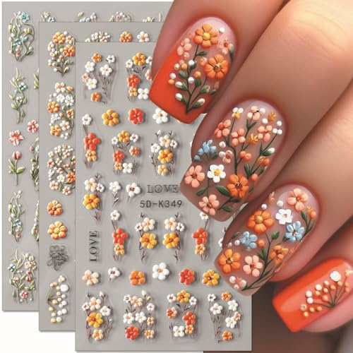 5D Geprägte Nagelsticker Blumen Relief Bunte Nail Sticker Blumen Sticker Nägel Frühling Sommer Rebe Grünes Blatt Schieberegler Blume Nagelaufkleber Petals Flower Nagel Stickers Nageldesign Nail Art