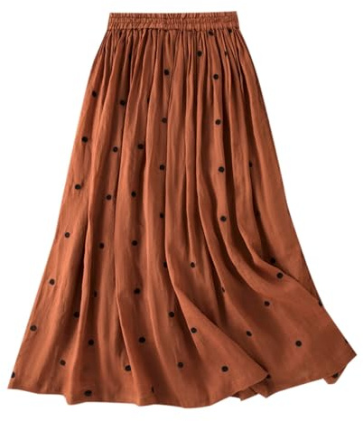 Langer Rock Damen, Leinen Sommerrock Damen Leicht und Luftig Röcke Sommer Plissee Maxirock mit Elastische Taille und Kordelzug Faltenrock Boho Strandrock Einfarbig Retro Punkte-Muster Leinenrock