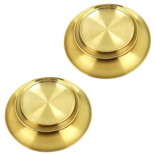 Bhina 6 Stück Gold Edelstahl Rundes Geschirr Unterteller Edelstahlteller Camping Teller Edelstahl 3 Größen von Stainless Steel Rostfreier Stahl Teller Set für Camping, Küche, Party (14/17/20cm)